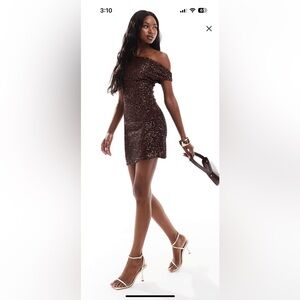 ASOS DESIGN sequin asymmetric off shoulder mini dress in chocolate